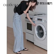 OLDER SEA淺色水洗牛仔褲女寬松直筒2025新款夏季薄款顯瘦高腰闊腿拖地褲子 藍色 L 建議110-120斤