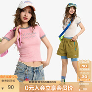 KAMA卡瑪設計感撞色印花圓領(lǐng)短袖T恤2025新款夏季女彈力短款上衣 粉色 M