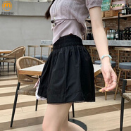 諾嫚娣軻白色松緊腰花邊短褲女2025年夏季新款高腰顯瘦闊腿褲韓版休閑裙褲 黑色 蕾絲拼接 氣質(zhì)百搭 L 建議105-117斤以內(nèi)