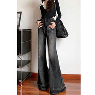 零加姑娘大碼美式復古設計感毛邊微喇牛仔褲女胖妹妹高腰mm顯瘦馬 藍灰色加絨款 S