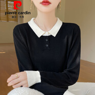 皮爾卡丹（pierre cardin）POLO領拼色精紡羊毛長袖針織衫女春秋薄款翻領毛衣寬松內(nèi)搭打底衫 黑色 M 85-105斤