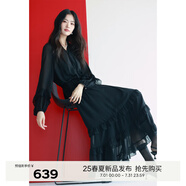伊芙麗（eifini）【經(jīng)典延續(xù)】伊芙麗波點(diǎn)系帶木耳領(lǐng)蛋糕下擺百搭仙女連衣裙小黑裙 黑色 S 80-105斤