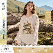 兩三事梵高秋裝長(cháng)袖上衣新款蕾絲連帽t恤女防曬罩衫女裝 擁有美帽 杏色 S