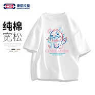 GENIOLAMODE短袖T恤男2025新款潮牌小惡魔印花寬松休閑五分袖純棉舒適透氣t恤