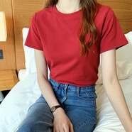 2025夏季新款純色韓版修身打底女裝上衣小個(gè)子緊身綠色短袖t恤女 紅色 均碼 建議70-80斤