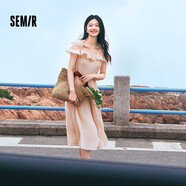 森馬（Semir）【連衣裙合輯】夏天女法式慵懶風(fēng)裙子復(fù)古學(xué)院風(fēng)針織裙雪紡碎花裙 V款小飛袖長裙-橡皮粉61201 L