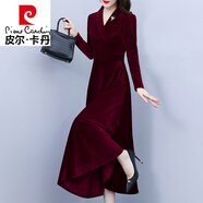 皮爾卡丹（pierre cardin）長(zhǎng)袖絲絨洋裝女2025春秋新款品牌洋派高貴媽i媽秋裝氣質(zhì)裙子 酒紅色 2XL ( 125-134斤)