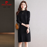 皮爾卡丹（pierre cardin）2024年冬季新款時尚韓版半高領(lǐng)中長款開叉純色女士毛衣套頭連衣裙 黑色 2XL