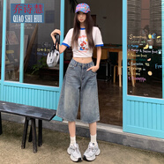 喬詩(shī)慧（QIAOSHIHUI）美式復古七分牛仔短褲女2025新款夏季小個(gè)子顯瘦寬松直筒闊腿中褲 復古藍七分 XS