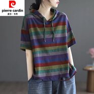 皮爾卡丹（pierre cardin）條紋連帽短t袖恤女士上衣2025年新款夏裝半t袖減齡寬松大尺碼體恤 紫藍條 L 建議：80-100斤