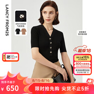 朗姿【尖貨補單】法式V領(lǐng)毛針織衫短袖春季新款內搭T恤打底衫上衣 黑色2 2XL