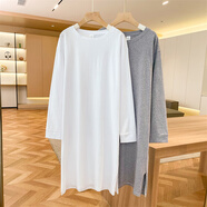 ROAR UTHAUG中長(cháng)款過(guò)膝棉白色長(cháng)袖連衣裙女秋季2025新款大碼寬松開(kāi)叉t恤裙子 白色（純色） XL (建議130-150斤)