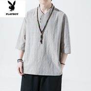 花花公子（PLAYBOY）中國(guó)風(fēng)亞麻短袖t恤男麻料小衫夏季輕薄款透氣新中式唐裝棉麻半袖 麻本色 M