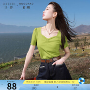 三彩大碼女裝2025夏季新款方領(lǐng)純欲風(fēng)小衫套頭T恤上衣短袖胖MM 芥末綠 3XL 175/104B