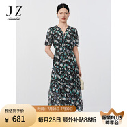 玖姿·安娜蔻輕熟風(fēng)印花雪紡輕薄收腰蛋糕裙連衣裙女2024夏款 花咖啡 L