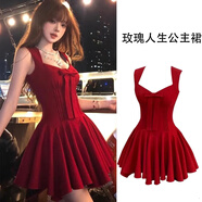 具趣夏季玫瑰人生公主裙蝴蝶結千金感無(wú)袖收腰短款2025連衣裙 紅色M105斤以?xún)?（此款裙擺齊平）