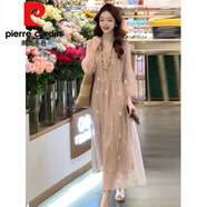 皮爾卡丹（pierre cardin）2025年夏季新款V領紐扣圓點蕾絲復古顯瘦連衣裙高級感氣質休閑女 WH5020#藕粉色連衣裙 S 【建議 80-95斤】
