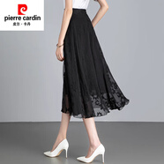 皮爾卡丹（pierre cardin）2025夏季薄款黑色白色繡花紋雪紡半身裙中長(zhǎng)款高腰大擺A字過(guò)膝裙 黑色底花 S 合適體重88-95