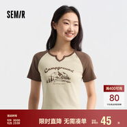 森馬短袖T恤女短款設(shè)計(jì)感印花夏季插肩袖緊身套頭衫109324100036
