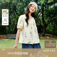 茵曼（INMAN）法式碎花系帶流蘇圓領(lǐng)襯衫夏季女裝度假風泡泡袖襯衣 杏色-襯衫 L