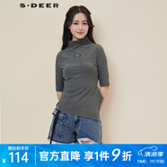 S.DEER夏季圣迪奧女裝個(gè)性半高領(lǐng)字母膠印不規(guī)則短袖T恤S21280111 德國(guó)灰/87 M 165