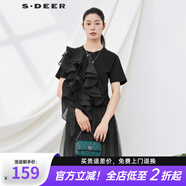 S.DEER圣迪奧女裝休閑圓領(lǐng)立體裁剪拼接短袖T恤S22280113 黑色/91 S 160