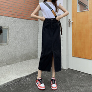 森馬（Semir）牛仔半身裙女夏季高腰包臀裙2025新款復古直筒寬松a字中長(cháng)款半裙 黑色 S