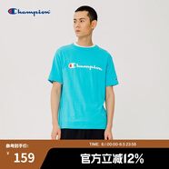 Champion夏季經(jīng)典款印花草寫LOGO圓領(lǐng)休閑運動T恤無性別冠軍短袖男女情侶 藍色(偏薄） M