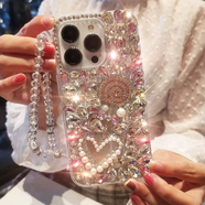 逸美品高級ins風(fēng)愛(ài)心珍珠鑲鉆適用蘋(píng)果pro手機殼16個(gè)性ip15防摔13三星帶掛繩全新外殼 紅白色 Galaxy S21 5G