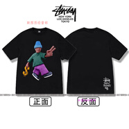斯圖西（stussy）美潮stuss斯圖涂鴉八號球毛絨骰子印花短袖T恤男女情侶款寬松 黑色和平與繁榮 M