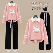 VZVG初中學(xué)生秋冬衣服女12少女大童寬松毛衣搭配加絨褲子休閑兩件套裝 粉色毛衣+黑色褲【套裝】 S 【建議70-90斤】