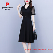 皮爾卡丹（pierre cardin）設(shè)計感流行蕾絲連衣裙遮肚收腰顯瘦時尚減齡中長裙子女裝夏季新款 黑色 4XL 建議156-170斤