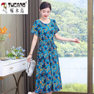 啄木鳥(niǎo)棉麻碎花連衣裙女2025新款中年夏天薄款大尺碼女裝高端媽m媽氣質(zhì) 藍色 XL 90-110斤