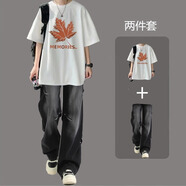 浩術(shù)短袖t恤男夏季潮流ins圓領(lǐng)加肥加大碼青少年寬松印花體恤衫上衣男 T2573白色+K183黑色【套裝】 3XL 【建議150-165斤】