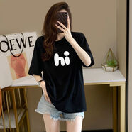 一寸相思純棉寬松短袖t恤女2025新款韓版減齡中長(zhǎng)款下衣失蹤體恤ins潮上衣 黑色-字母hi 2XL 推薦125-145斤