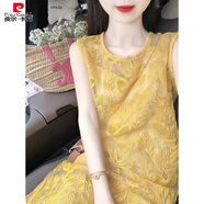 皮爾卡丹法式黃色蕾絲吊帶連衣裙女2025年夏季新款感海邊度假無袖裙子 黃色連衣裙(吊帶) S 80-90斤