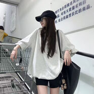 GOCHIEI2025年夏季女裝明星同款休閑寬松泡泡袖短袖褶皺下擺T恤+灰色短褲 黑色短褲兩件套 M
