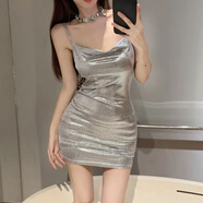 KUCLUT夜店辣妹包臀裙感女秋季性感蕩領露背名媛吊帶裙收腰連衣裙子 銀色 L