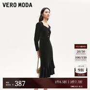 VEROMODA連衣裙2024秋季女裝新款天鵝絨拼接網(wǎng)紗魚尾長(zhǎng)裙鉆石領(lǐng)東方簡(jiǎn)奢風(fēng) 長(zhǎng)袖絲絨裙-黑色 M