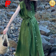 皮爾卡丹（pierre cardin）復古綠棉麻無(wú)袖連衣裙女士夏氣質(zhì)系帶收腰顯瘦坎肩亞麻襯衫中長(cháng)裙 綠色 M 【100-115斤】
