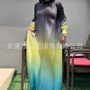 Miyaki三宅褶皺時(shí)裝漸變色圓領(lǐng)泡泡袖長(zhǎng)裙女裝連衣裙Dress跨境 黑色 均碼