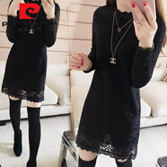 皮爾卡丹（pierre cardin）秋冬大尺碼女裝蕾絲打底衫外穿衣服加絨長袖t恤女中長款連衣裙上 012黑色薄款今年流行的輕奢品牌 M 建議80-90斤