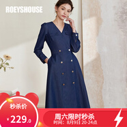 ROEYSHOUSE羅衣職業(yè)OL仿牛仔連衣裙女秋裝新款優(yōu)雅V領(lǐng)泡泡袖中長(cháng)裙06115 牛仔藍 S