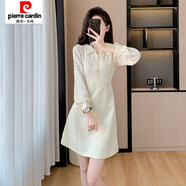 皮爾卡丹名媛小香風(fēng)蕾絲拼接翻領(lǐng)長(cháng)袖連衣裙女神范秋季收腰顯瘦氣質(zhì)A字裙 杏色 S 【建議80-95斤】