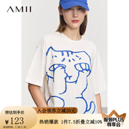 AMII2025夏極簡(jiǎn)新款插畫(huà)撞色藝術(shù)印花寬松中長(zhǎng)落肩短袖棉質(zhì)T恤女 白底藍(lán)圖 M