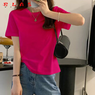 RLAS2025新款夏季火龍果色短袖T恤女歐貨洋氣純棉圓領(lǐng)上衣小個(gè)子打底 火龍果色(常規(guī)T恤純色) S 80-95斤