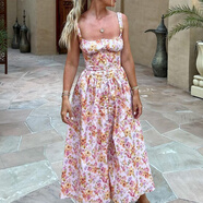 SKYHEART女裝dress方領(lǐng)吊帶裙修身露背甜辣風(fēng)中長(cháng)裙子夏季碎花連衣裙 粉紅色 L