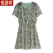 恒源祥小碎花雪紡連衣裙夏季韓版中長款小個(gè)子小清新仙女短袖百褶裙女 綠色-旗艦款 L 90-105斤
