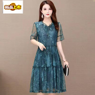 初徑2025夏季新款高端碎花雪紡連衣裙大碼寬松顯瘦短袖中年媽媽裙子女 藍綠色 2XL 建議120-130斤