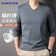 羅蒙含桑蠶絲長(cháng)袖T恤男士POLO上衣冰絲V領(lǐng)體恤衫打底衫內搭男裝